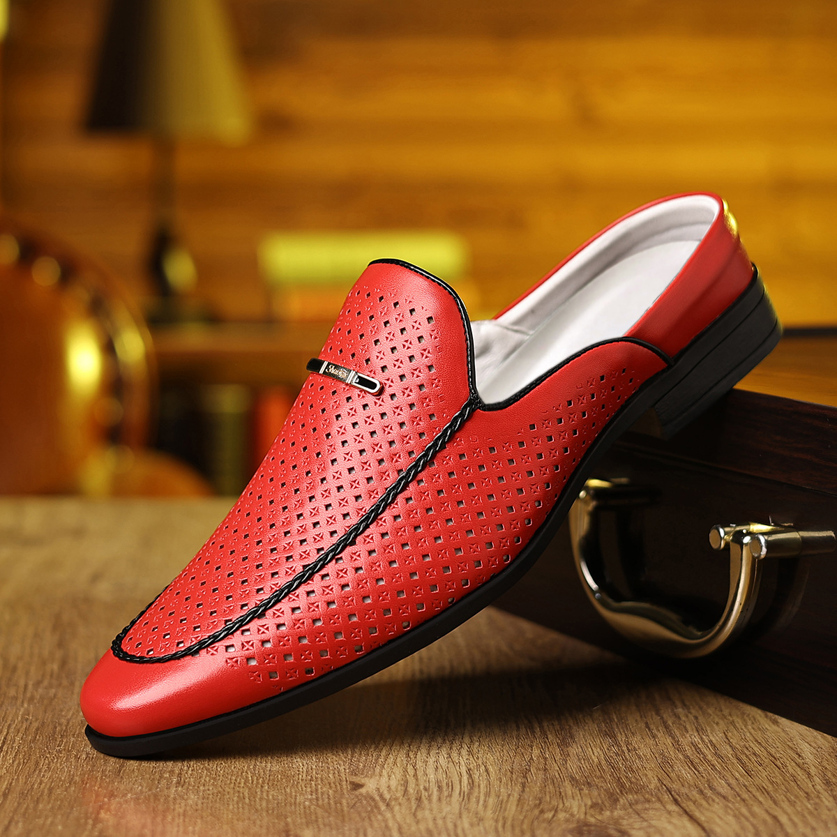 Men Shoes Red Tape - Męskie czerwono-biało-żółto-niebieskie półbuty skórzane, męskie casualowe