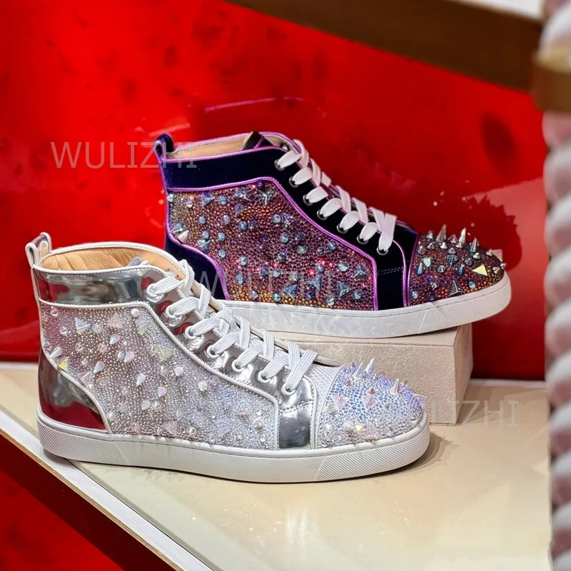 Men Shoes Boss - Ciemnofioletowe sneakersy męskie z kryształowymi nitami,
